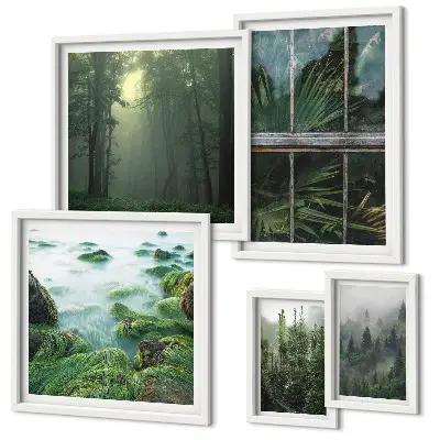 Modernes Wandbilder-Set mit grünen Landschaften, Wäldern und Vegetation