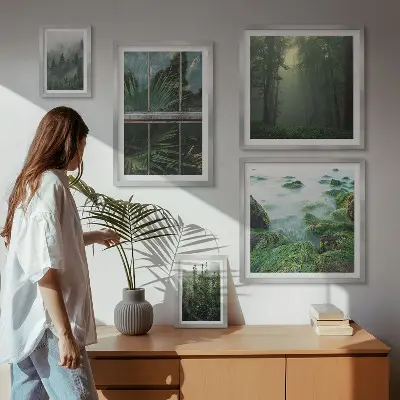 Modernes Wandbilder-Set mit grünen Landschaften, Wäldern und Vegetation