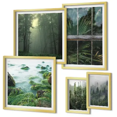 Modernes Wandbilder-Set mit grünen Landschaften, Wäldern und Vegetation