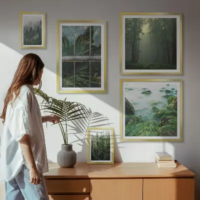 Modernes Wandbilder-Set mit grünen Landschaften, Wäldern und Vegetation