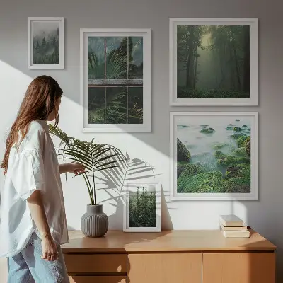 Modernes Wandbilder-Set mit grünen Landschaften, Wäldern und Vegetation