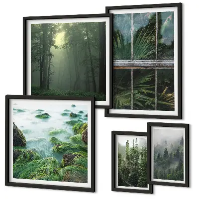 Modernes Wandbilder-Set mit grünen Landschaften, Wäldern und Vegetation