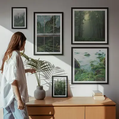 Modernes Wandbilder-Set mit grünen Landschaften, Wäldern und Vegetation