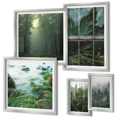 Modernes Wandbilder-Set mit grünen Landschaften, Wäldern und Vegetation