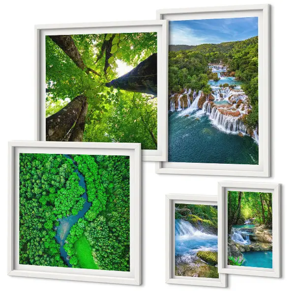 Bildergalerie-Set für die Wand mit Motiven von Wasserfällen und grünen Landschaften