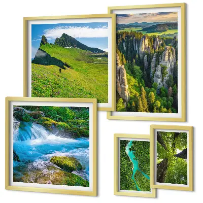 Wandbilder-Set mit Motiven von Landschaften wie Bergen, Flüssen und Wäldern