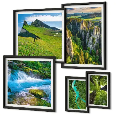 Wandbilder-Set mit Motiven von Landschaften wie Bergen, Flüssen und Wäldern