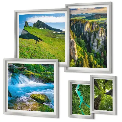 Wandbilder-Set mit Motiven von Landschaften wie Bergen, Flüssen und Wäldern