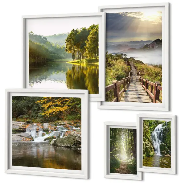 Wandbilder-Set mit Naturlandschaften, Wasserfällen und Waldwegen