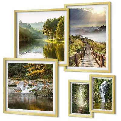 Wandbilder-Set mit Naturlandschaften, Wasserfällen und Waldwegen