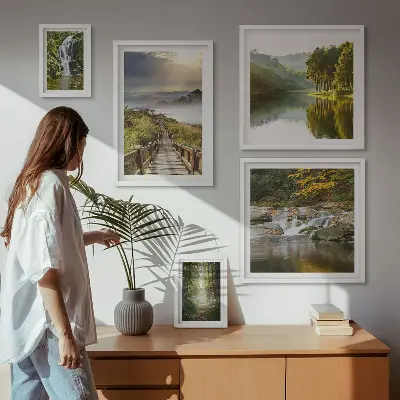 Wandbilder-Set mit Naturlandschaften, Wasserfällen und Waldwegen