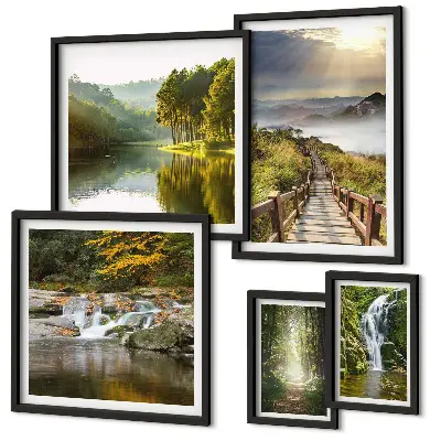 Wandbilder-Set mit Naturlandschaften, Wasserfällen und Waldwegen