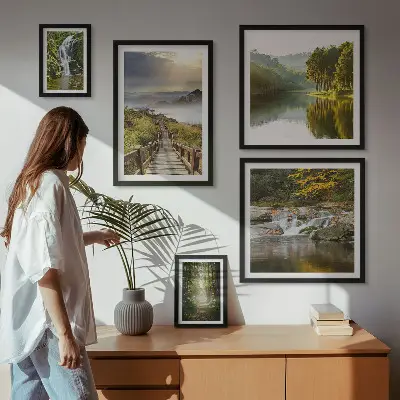 Wandbilder-Set mit Naturlandschaften, Wasserfällen und Waldwegen