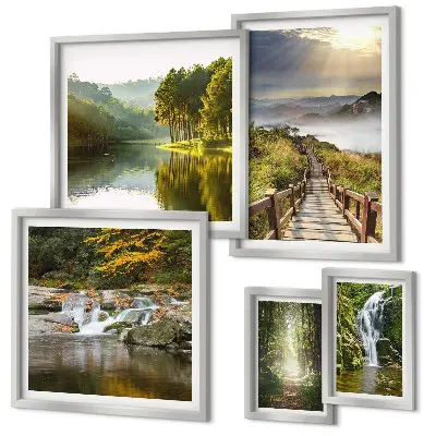 Wandbilder-Set mit Naturlandschaften, Wasserfällen und Waldwegen