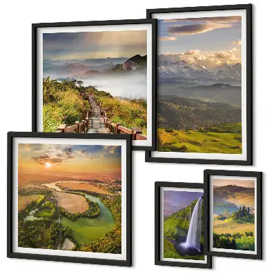 Wandbildergalerie-Set mit Berglandschaften und Wasserfällen
