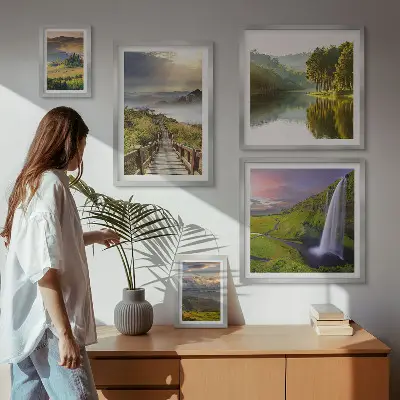 Bilderset für das Sofa mit Motiven von Landschaften, Wasserfällen und Bergen