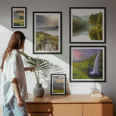 Bilderset für das Sofa mit Motiven von Landschaften, Wasserfällen und Bergen
