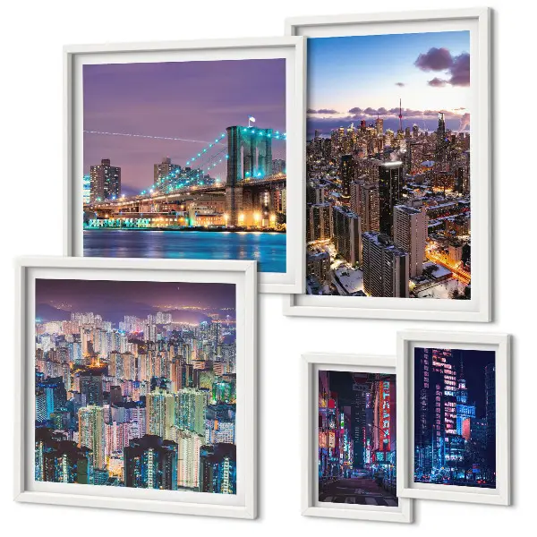 Modernes Wandbilder-Set mit nächtlichen Stadtansichten aus Neonlichtern
