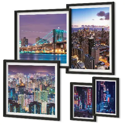Modernes Wandbilder-Set mit nächtlichen Stadtansichten aus Neonlichtern