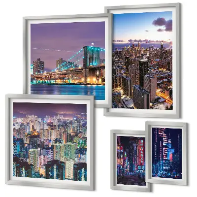 Modernes Wandbilder-Set mit nächtlichen Stadtansichten aus Neonlichtern