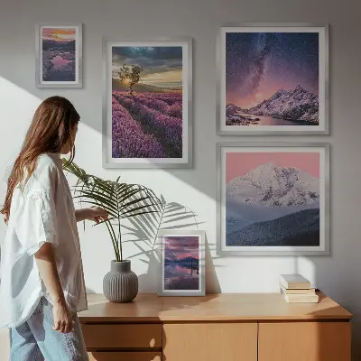 Bilderset für das Sofa mit Naturlandschaften und Lavendelbergen