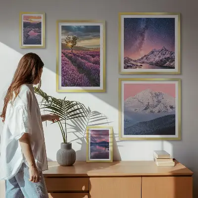 Bilderset für das Sofa mit Naturlandschaften und Lavendelbergen