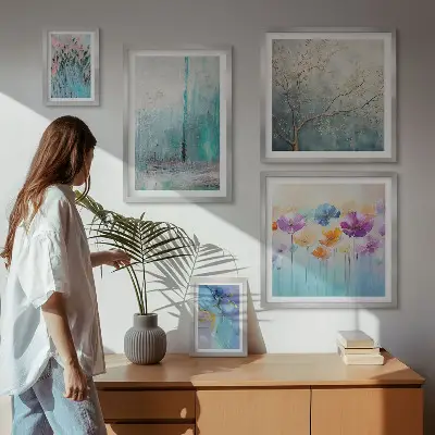 Bilderset für das Sofa mit abstrakten Landschaften und Blumen