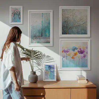 Bilderset für das Sofa mit abstrakten Landschaften und Blumen