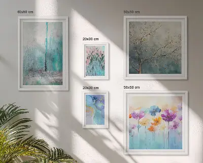 Bilderset für das Sofa mit abstrakten Landschaften und Blumen