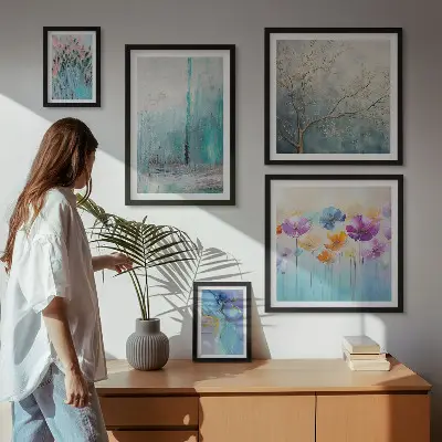 Bilderset für das Sofa mit abstrakten Landschaften und Blumen
