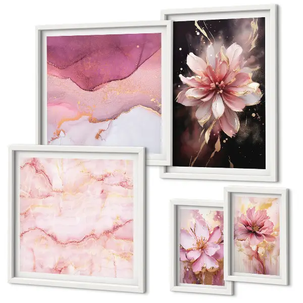 Modernes Wandbilder-Set mit rosa Blumenarrangements