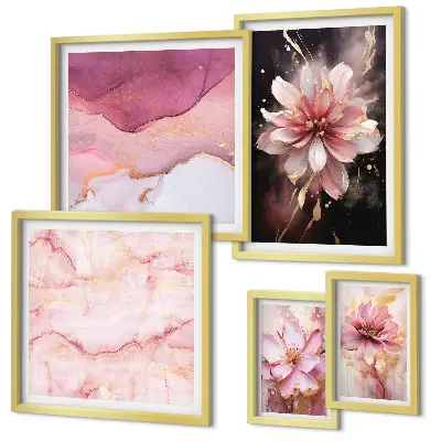 Modernes Wandbilder-Set mit rosa Blumenarrangements
