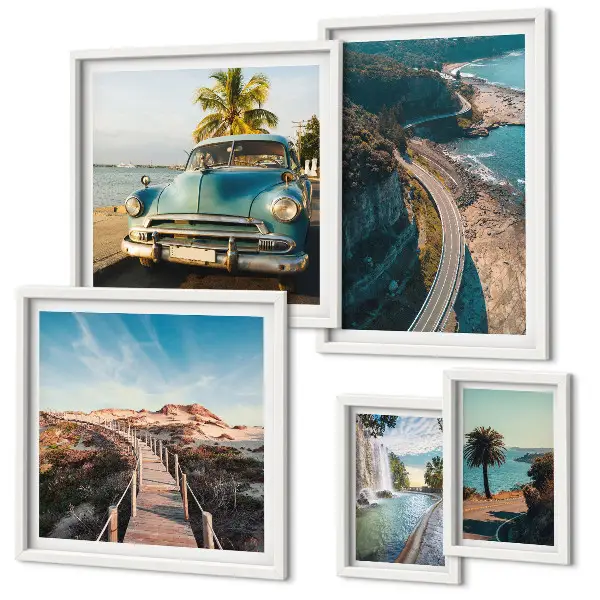 Modernes Wandbilder-Set mit Motiven aus den Bereichen Landschaften, Reisen, Autos und Natur