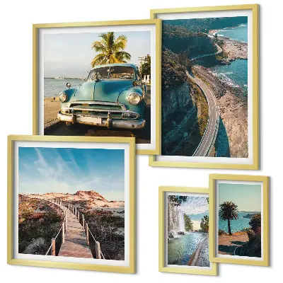 Modernes Wandbilder-Set mit Motiven aus den Bereichen Landschaften, Reisen, Autos und Natur