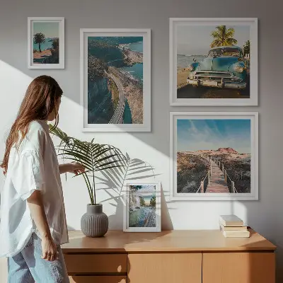 Modernes Wandbilder-Set mit Motiven aus den Bereichen Landschaften, Reisen, Autos und Natur
