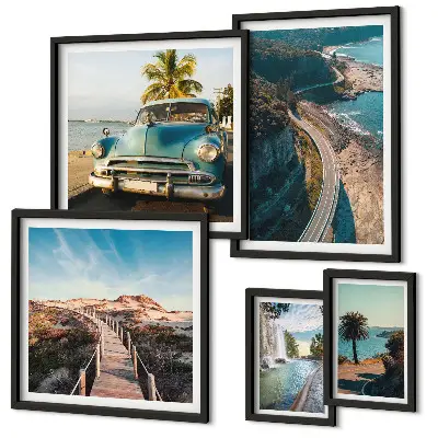Modernes Wandbilder-Set mit Motiven aus den Bereichen Landschaften, Reisen, Autos und Natur