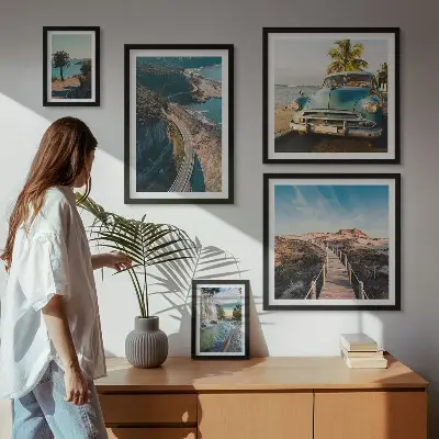 Modernes Wandbilder-Set mit Motiven aus den Bereichen Landschaften, Reisen, Autos und Natur