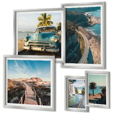 Modernes Wandbilder-Set mit Motiven aus den Bereichen Landschaften, Reisen, Autos und Natur