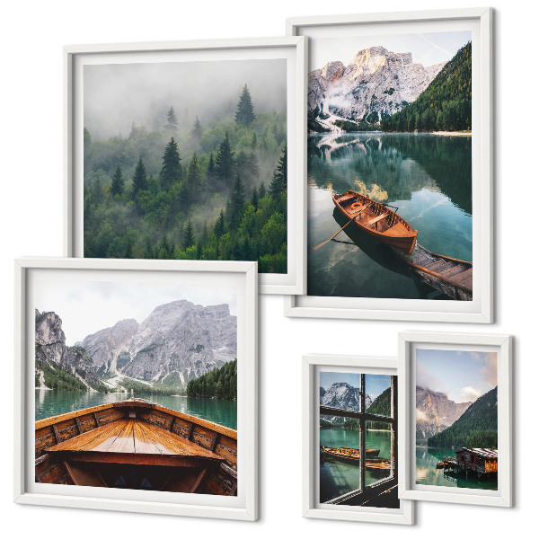 Modernes wandbilder-set Boote auf ruhigen Bergseen