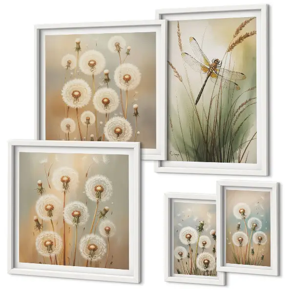 Bildergalerie-Set für die Wand mit Blumenmotiven von Libellen und Löwenzahn