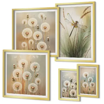 Bildergalerie-Set für die Wand mit Blumenmotiven von Libellen und Löwenzahn
