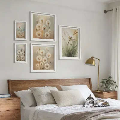 Bildergalerie-Set für die Wand mit Blumenmotiven von Libellen und Löwenzahn