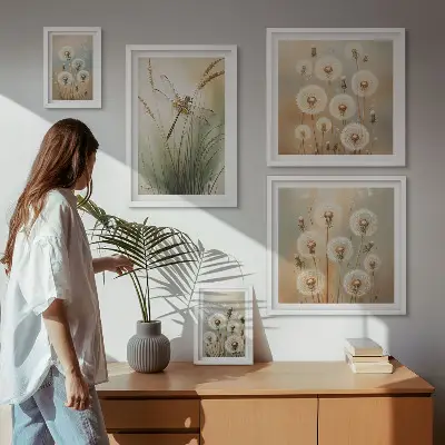 Bildergalerie-Set für die Wand mit Blumenmotiven von Libellen und Löwenzahn