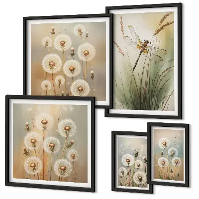 Bildergalerie-Set für die Wand mit Blumenmotiven von Libellen und Löwenzahn