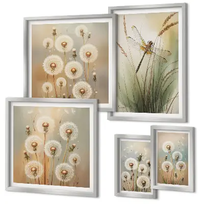 Bildergalerie-Set für die Wand mit Blumenmotiven von Libellen und Löwenzahn
