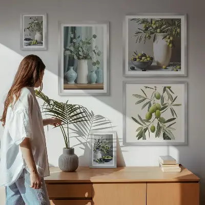 Wandbilder-Set mit grünen Olivenblüten im skandinavischen Stil