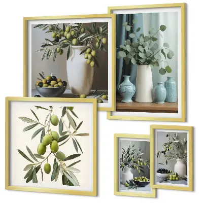 Wandbilder-Set mit grünen Olivenblüten im skandinavischen Stil