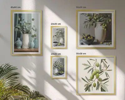 Wandbilder-Set mit grünen Olivenblüten im skandinavischen Stil