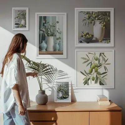 Wandbilder-Set mit grünen Olivenblüten im skandinavischen Stil