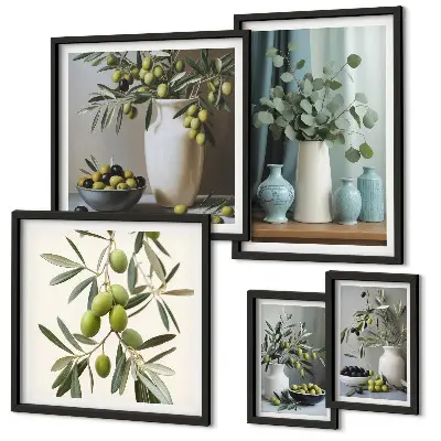 Wandbilder-Set mit grünen Olivenblüten im skandinavischen Stil